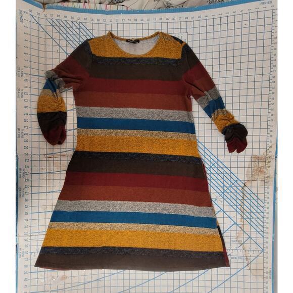 Robert Louis Striped Stretchy Boat Neck Scrunch Sleeve Midi ALine Dress - Picture 5 of 14